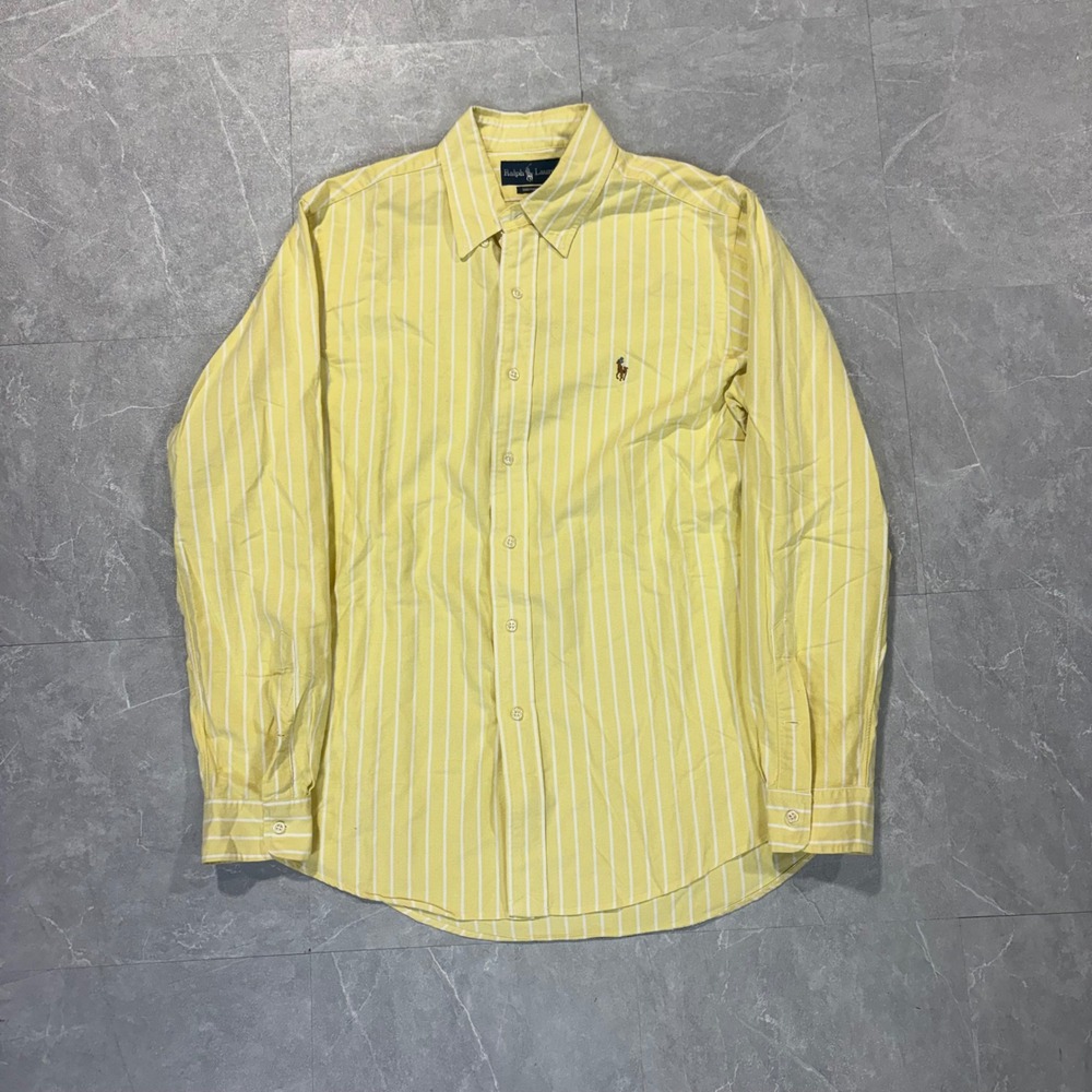Ralph Lauren Mens Custom Fit Yellow White Striped Oxford Button Down Shirt L